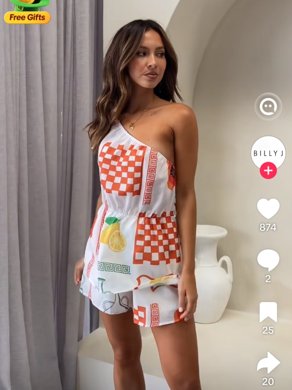 White Fruit-Print Two-Piece Cami & Shorts Set with Orange Papaya Motif - Picture 7 of 8